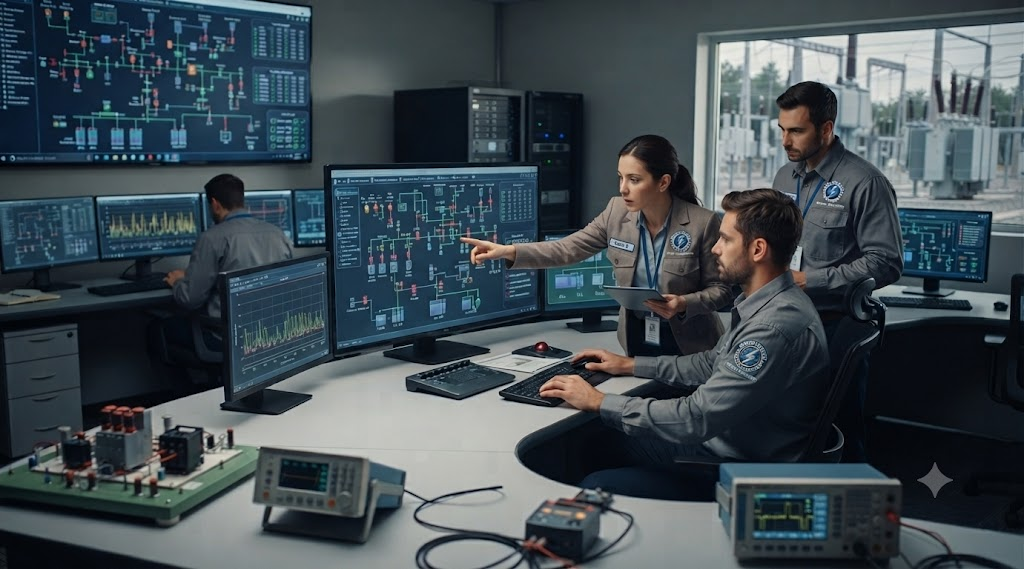Engineers monitoring power system SCADA and single-line diagrams